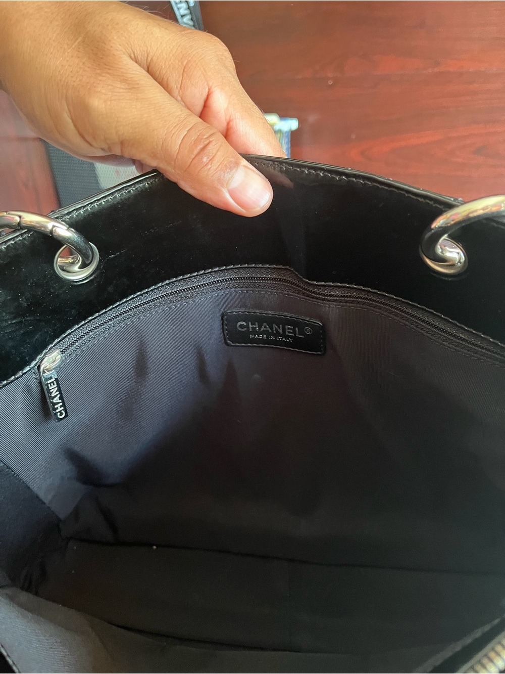 CHANEL Black Quilted Patent Leather Tote with Chain Straps - Picture 7 of 10
